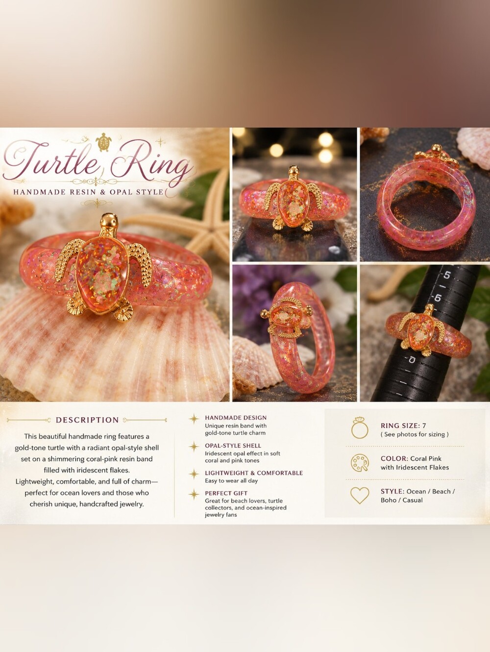 Handmade Coral Pink Turtle Ring with Gold-Tone Turtle Charm